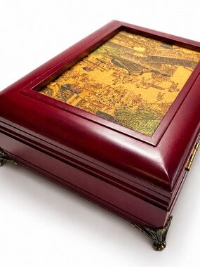 Handcrafted Asian Style Jewelry Box Red Wood Finish Decoupage Art